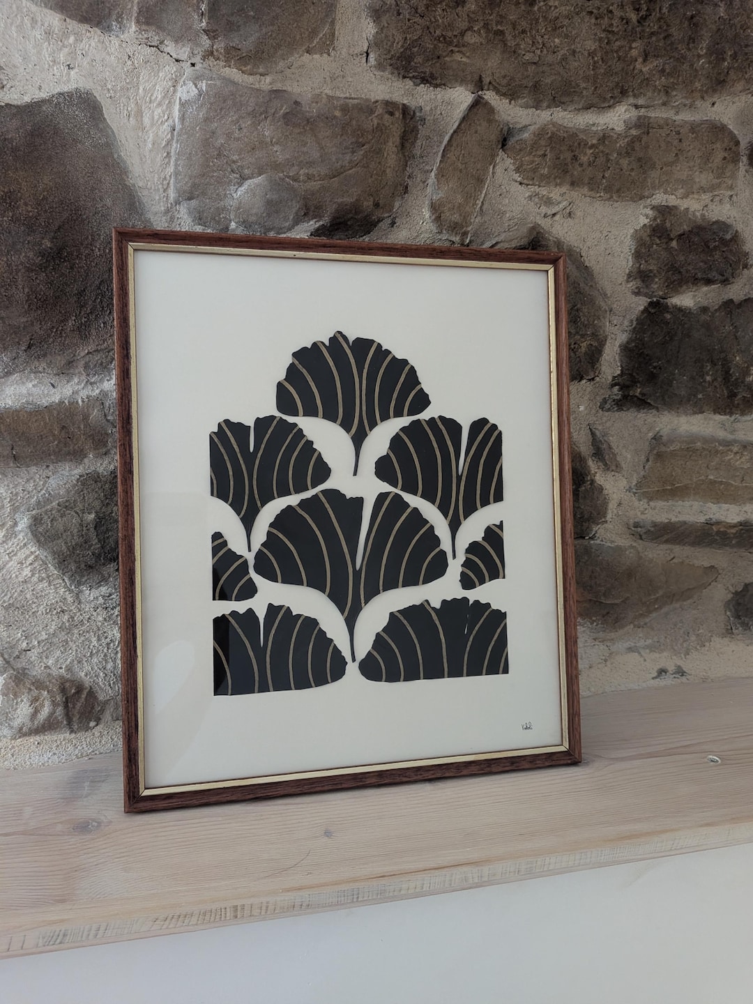 Ginkgos noirs et or, cadre bois doré